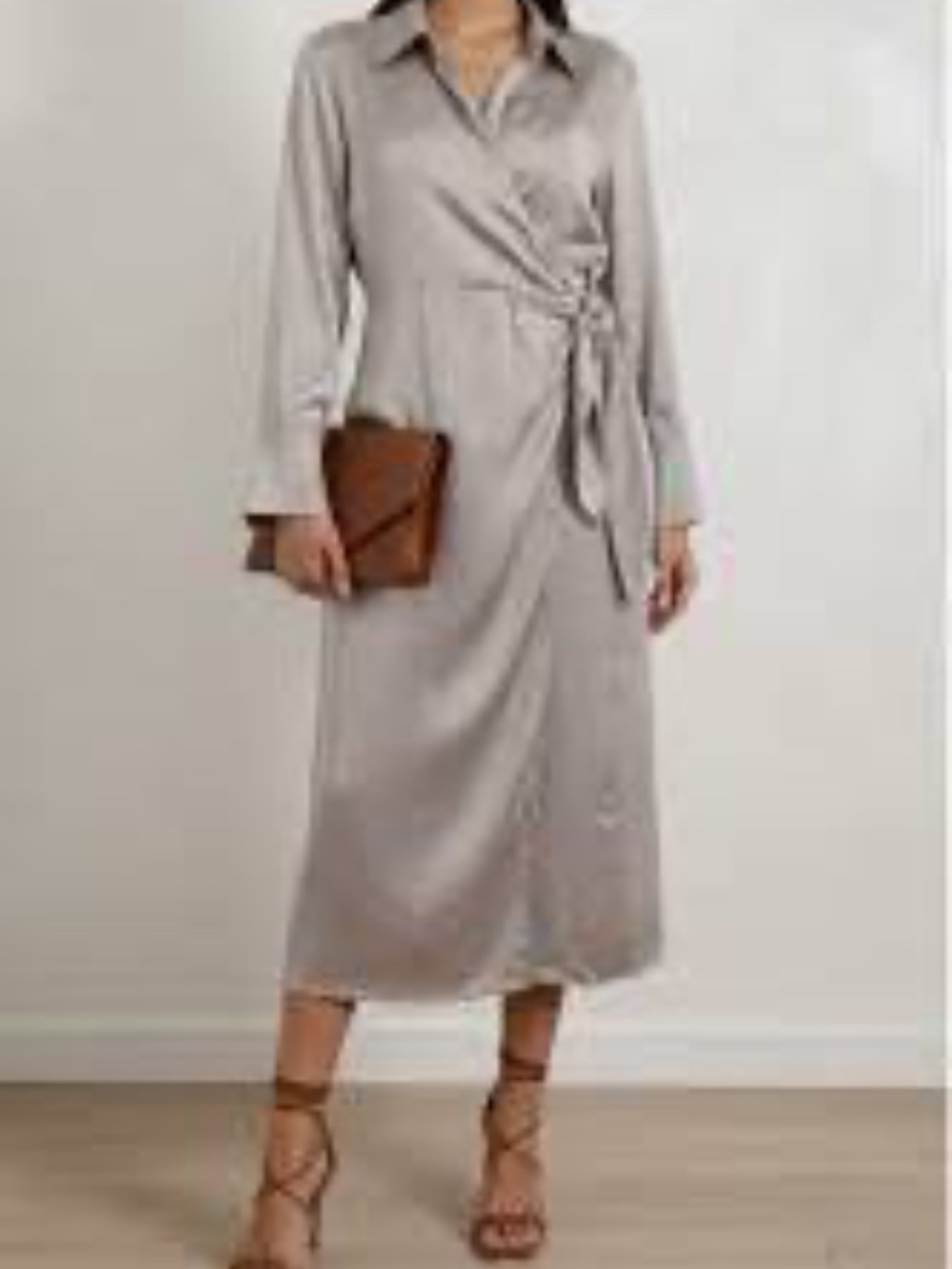 Jason Wu Satin Long Sleeve Wrap Dress Silver Gray/Taupe Large